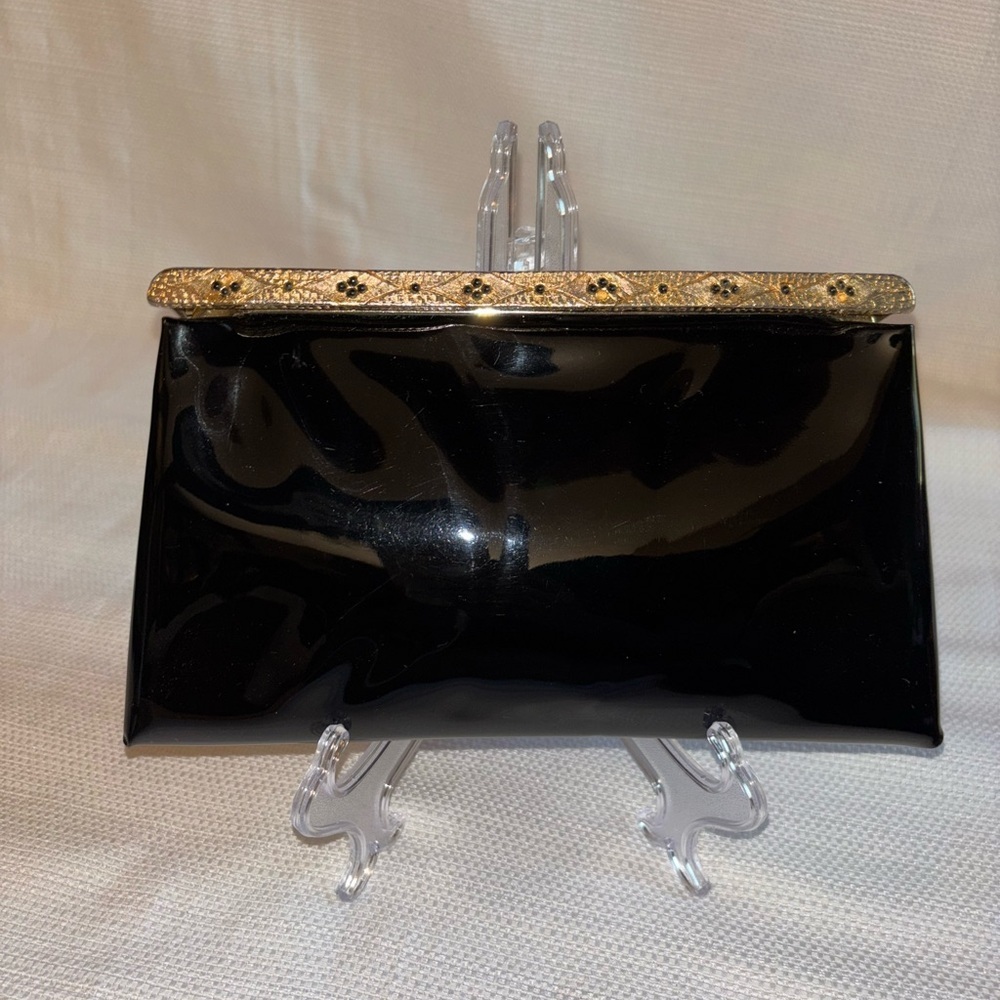 Vintage Black Patent Leather Clutch Embellished Gold Bar Slide Closure Retro